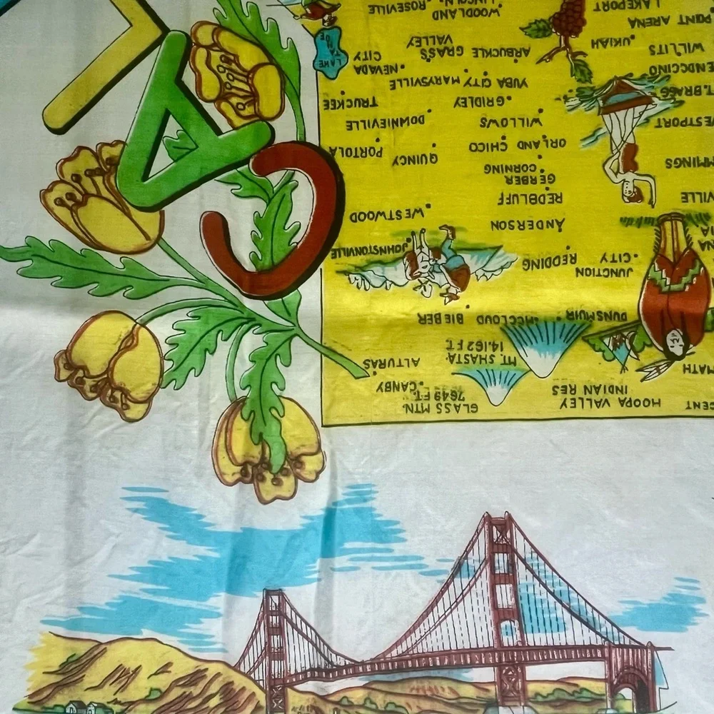 Vintage 1940s California Souvenir Map SILK Scarf Turquoise Yellow Red Oversized
